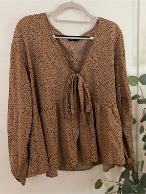 SHEIN Brown Polka Dot Tie-Neck Peplum Blouse
